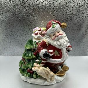 Fine Ceramic Santa with Leaping Rabbit Tea Light Candle Holder 2001 S. H.
